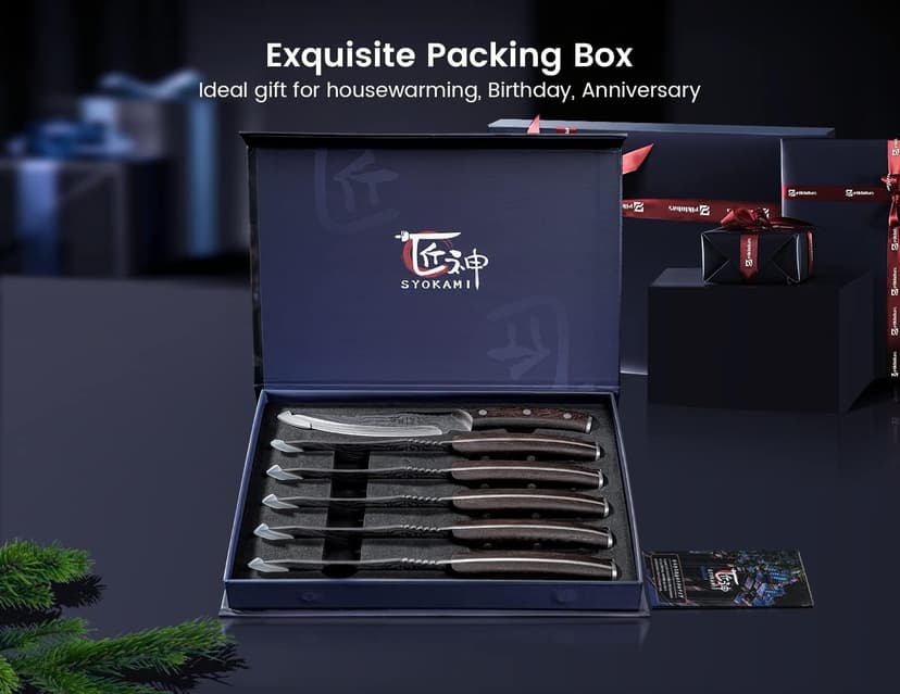 Steak Knives Set of 6, 4.8 Inch High-Carbon Japanese Stainless Steel Non-serrated Steak Knife with Wood Handle, Damascus Pattern Full Tang Design, Razor-Sharp Dinner Knives with Gift Box