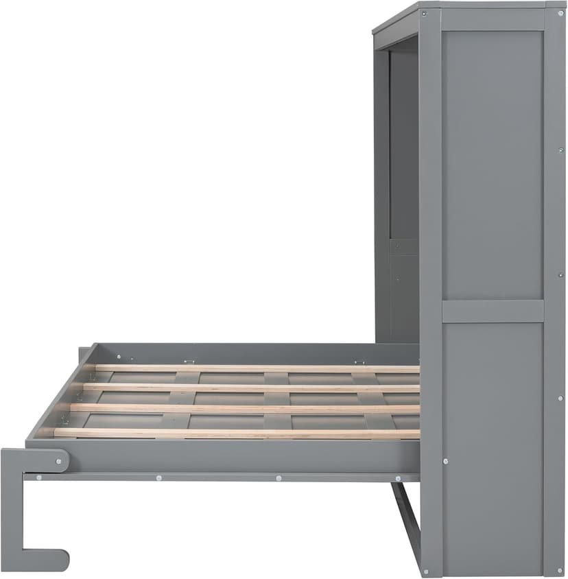 Merax Modern Farmhouse Solid Wood Murphy Cabinet Bed, No Box Spring Needed/Easy Assemble/Queen,Gray