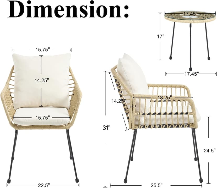 3 Pieces Outdoor Bistro Set, Bistro Set Outdoor with Glass Top Table, Patio Wicker Furniture Set 3 Piece, Rattan Conversation Set for Balcony, Lawn, Garden, Backyard, Poolside, Beige