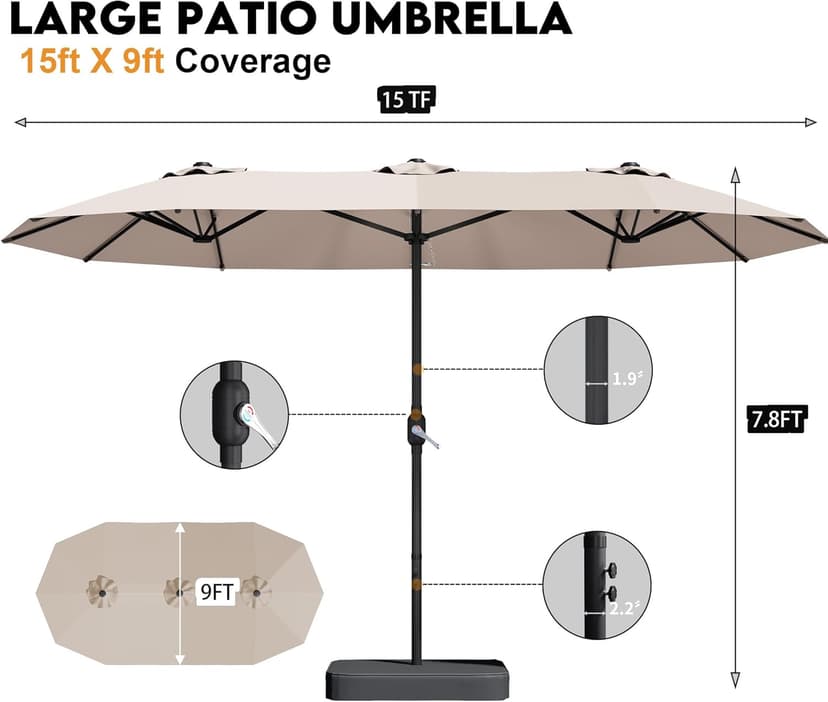 15ft Patio Umbrella with Base,Large Outdoor Double-Sided Rectangle Umbrella with Crank Handle, Market Umbrella for Poolside Garden Deck Backyard Beach Pools, Beige