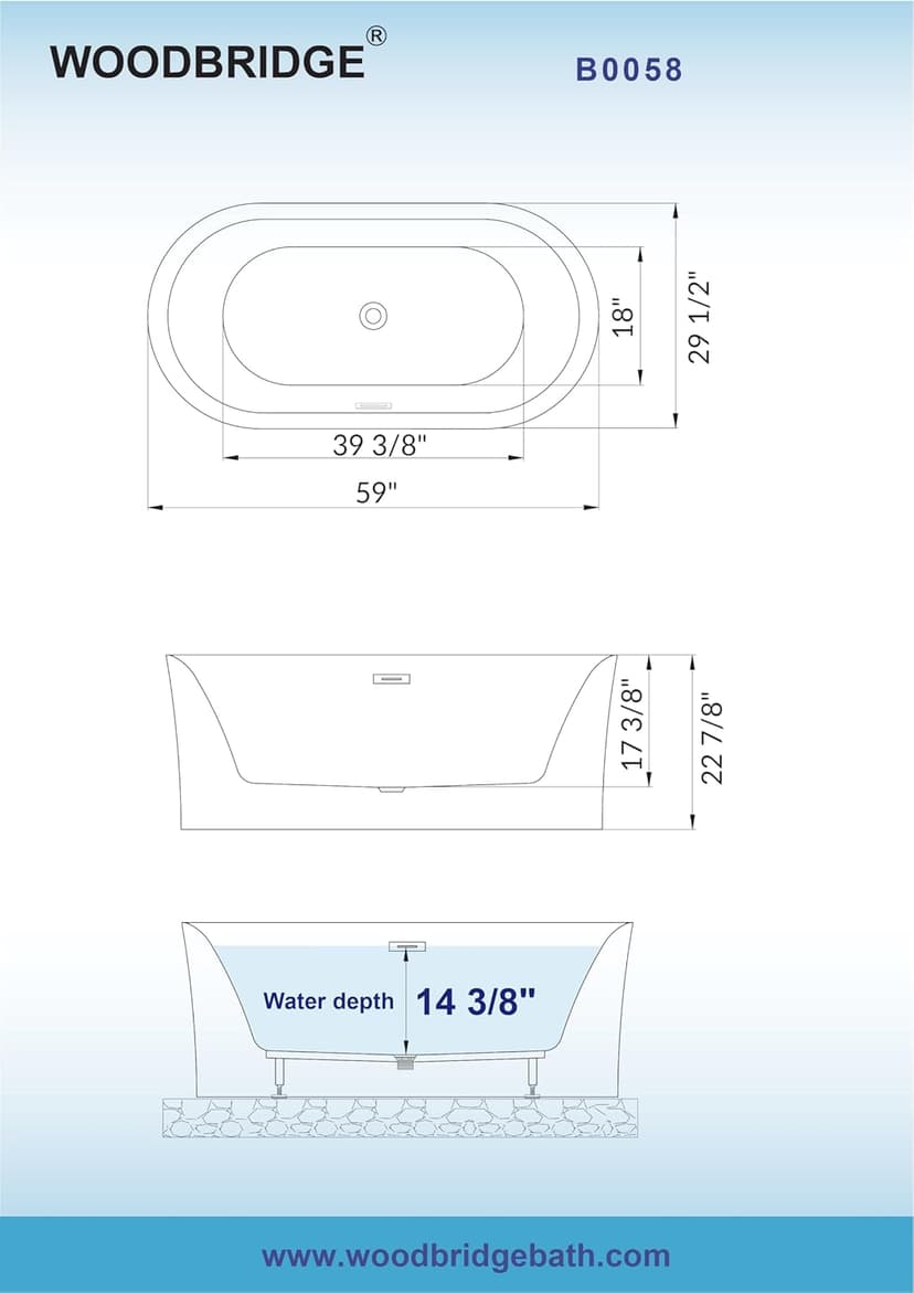 WOODBRIDGE 59" Acrylic Freestanding Bathtub Contemporary Soaking Tub with Matte Black Overflow and Drain,White Tub,B0058-MB
