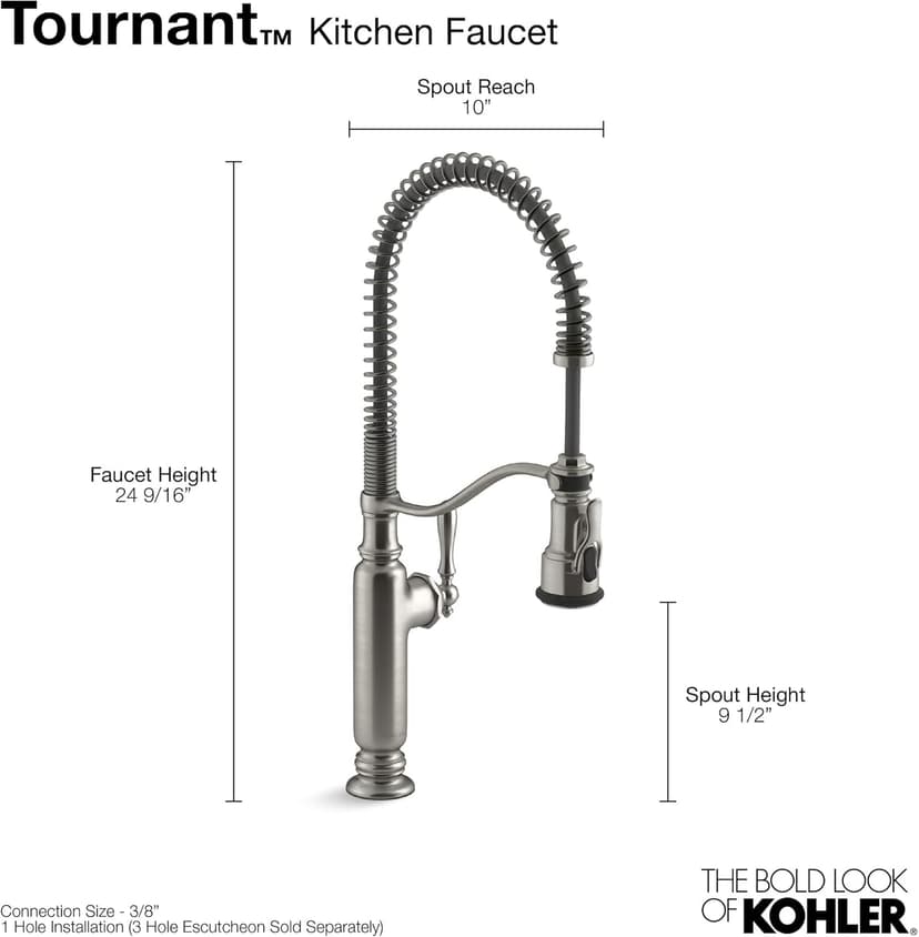 KOHLER Tournant Semi-Professional Pull-Down Kitchen Sink Faucet, Commercial Kitchen Faucet with Pull Down Sprayer, 77515-VS, Vibrant Stainless