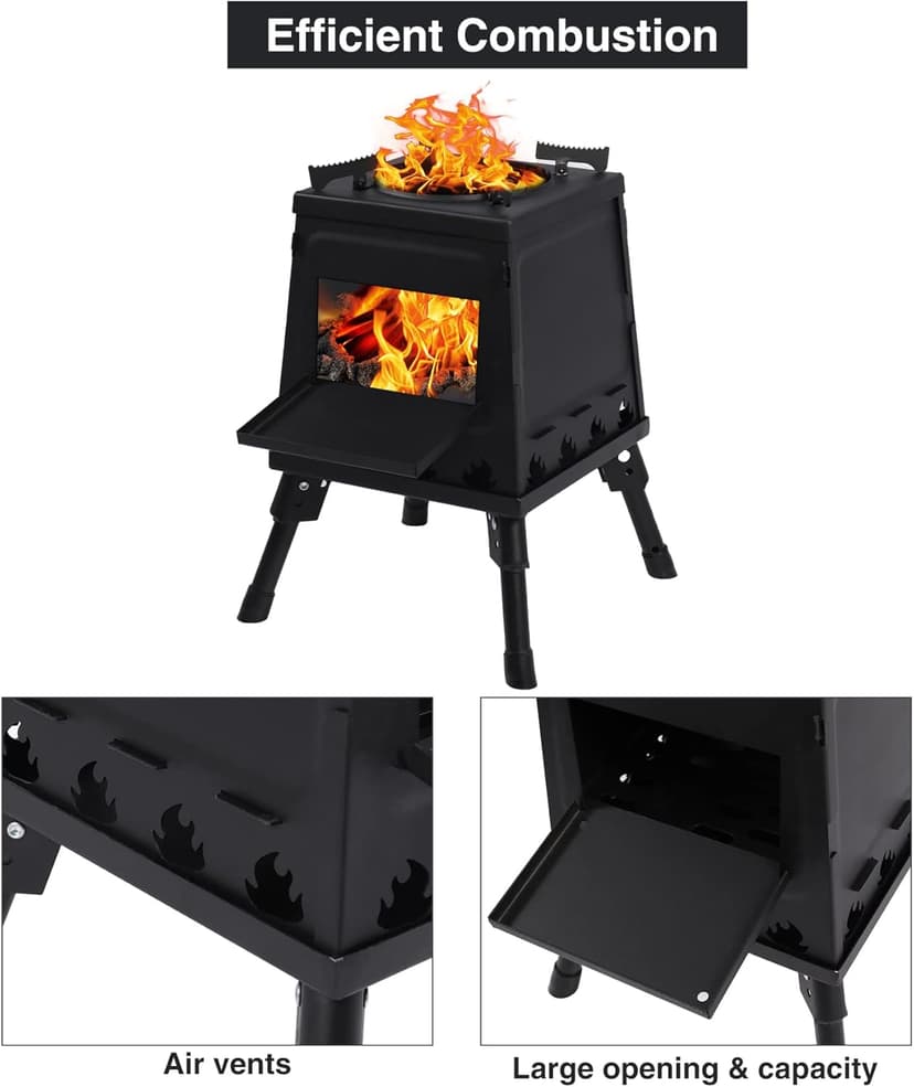 Lineslife Wood Burning Camp Stove, Portable Cast Iron Camping Wood Stove, Black Woodstove with Carrying Case for Backpacking Outdoor Cooking