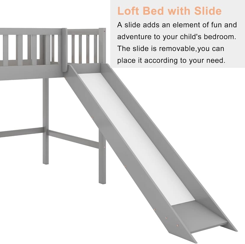 Bellemave Twin Size Loft Bed for Kids,Low Loft Bed with Slide and Ladder,Wood Loft Bed Twin for Girls Boys,Grey
