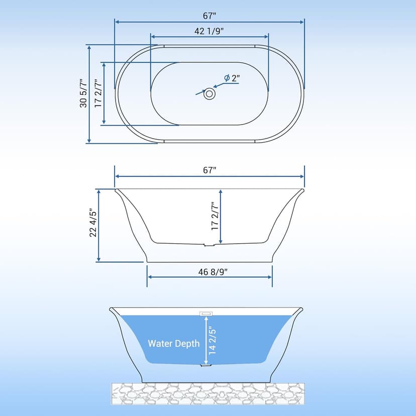 67 Inch Acrylic Freestanding Bathtub, Luxury Oval Soaking Tub, Modern Stand Alone Bath In White, with Chrome Drain, Overflow, Deep Soak Freestanding Tub for Bathroom