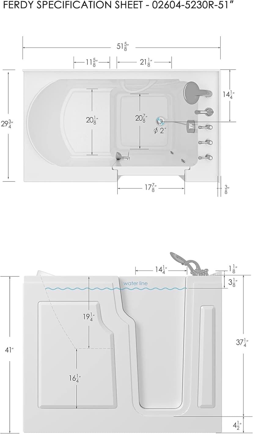 FerdY Floridian 52" Walk-in Bathtub with Right-Side Door Opening and Quick Fill and Drain System, Rectangular Soaking Bathtub in White
