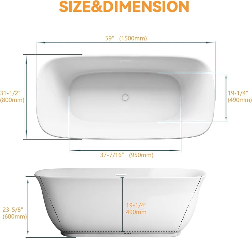 59" Acrylic Freestanding Bathtub, Soaking Tub for Bathroom, Stand Alone Tub, cUPC Certified, Integrated Overflow and Drain, Gloss White