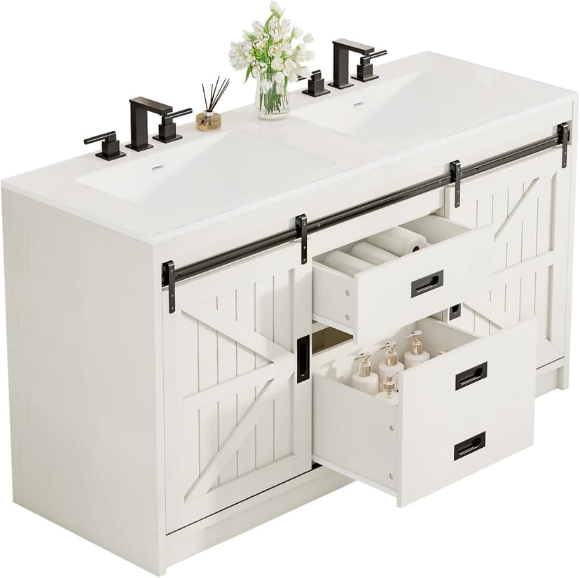 AMERLIFE 61" Farmhouse Double Bathroom Vanity with Sink Combo, Dual Basin Bathroom Storage Cabinet with Sliding Barn Doors & Drawers, Large Double Bath Vanity Sink Set, Rustic White