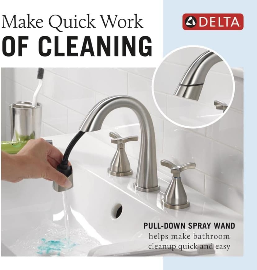 Delta Faucet Stryke Pull Down Bathroom Faucet, Bathroom Pull Out Faucet, Brushed Nickel Widespread Bathroom Faucet 3 Hole, Bathroom Sink Faucet, Lumicoat Stainless 357756-SSPD-PR-DST