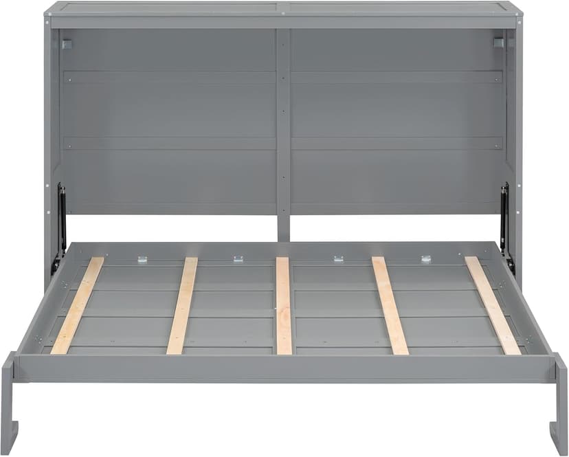 Merax Modern Farmhouse Solid Wood Murphy Cabinet Bed, No Box Spring Needed/Easy Assemble/Queen,Gray