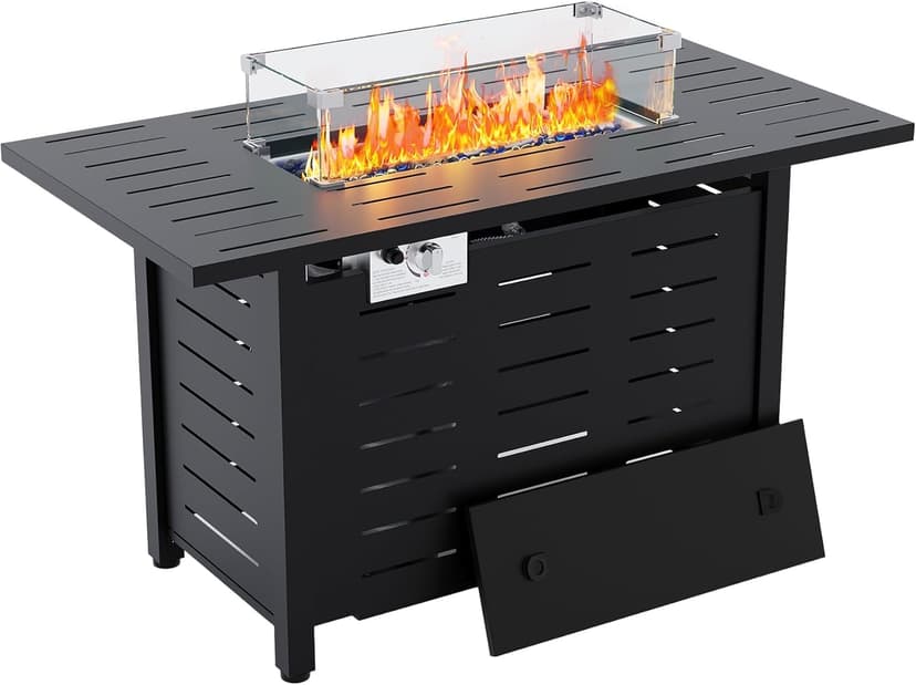 44" Outdoor Propane Fire Pit Table, 48,000 Btu Lp Gas Rectangular Fire Table with Ignition Systems and Lid,Outdoor Firetable with Glass Rocks for Patio Deck Garden Backyard
