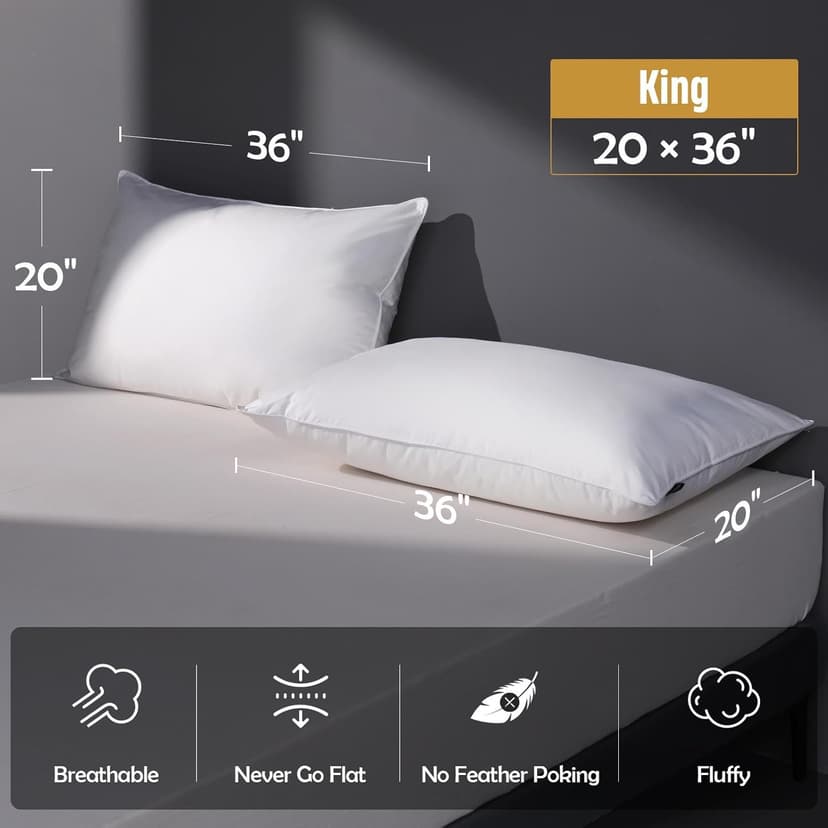 Luxury Feather Down Pillow King Size Set of 2 Pack, 100% Cotton Hotel Collection Bed Pillows for Sleeping, Down Surrounded Soft Medium Firm Pillows for Side Back Stomach Sleepers 20" x 36"