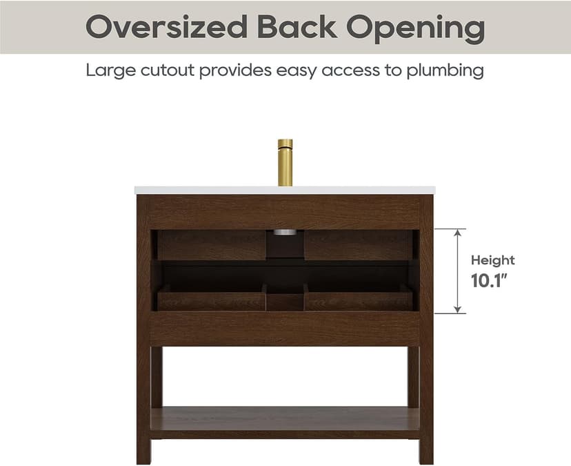 36 Inch Bathroom Vanity with Sink, Farmhouse Storage Cabinet with Drawers & Open Storage Shelf, Easy Assembly, Adjustable Feet, Walnut