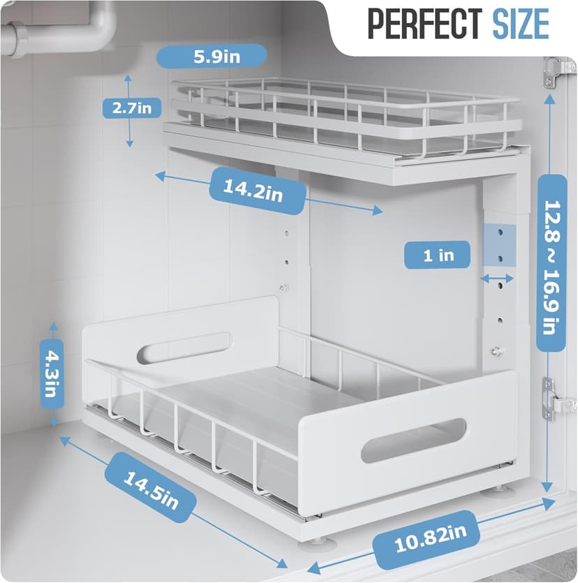 2 Pack Under Sink Organizer with Smooth Ball Bearing Slides, 2-Tier Pull Out Cabinet Storage, Slide Out Drawers for Bathroom and Kitchen, Under Sink Shelf, Rust-resistant Coating, Height Adjustable
