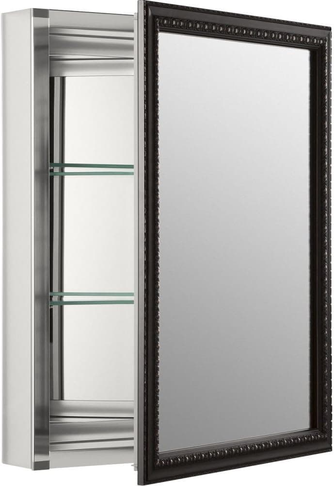 KOHLER 2967-BR1 20" W x 26" H Bathroom Medicine Cabinet with Framed Mirror Door, Recessed or Surface Mount Bathroom Wall Cabinet, Oil-Rubbed Bronze