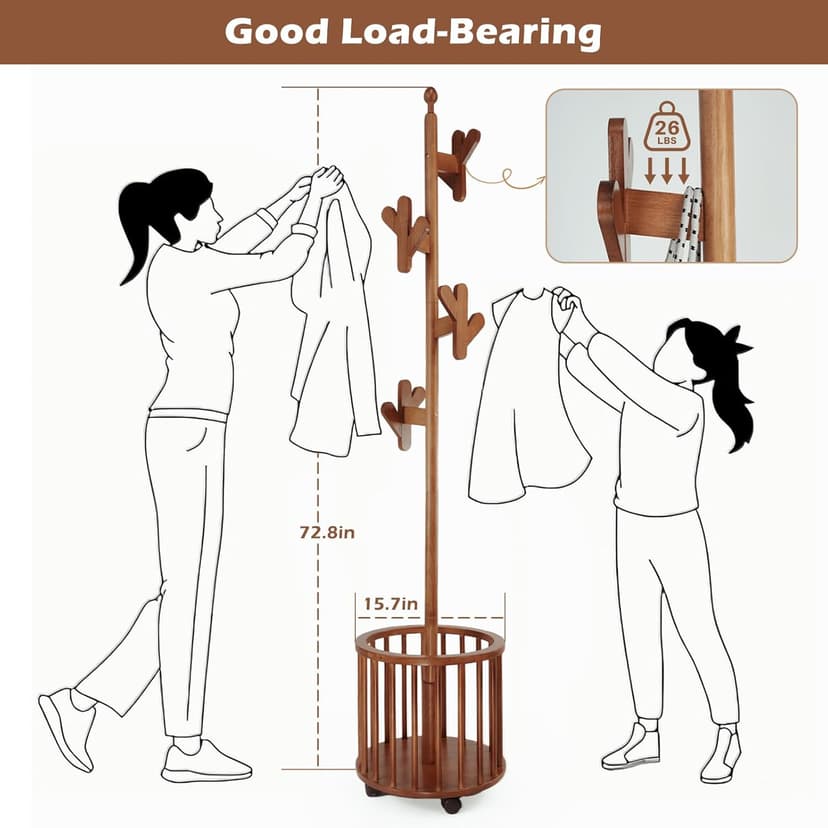 CozyDH Solid Wood Coat Rack Freestanding with Lockable 360° Rotary Casters, Coat Tree Stand with Umbrella Holder & Laundry Basket Storage & 12 Hooks, Walnut