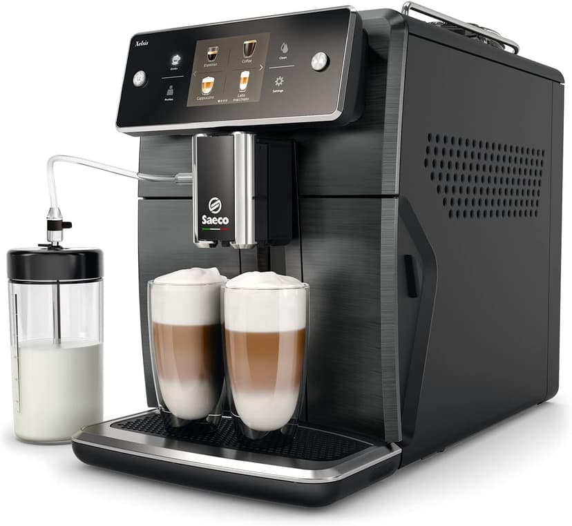Philips Saeco Xelsis Super Automatic Espresso Machine - LatteDuo Milk System, 15 Coffee Varieties, 6 User Profiles, Touchscreen, Black & Titanium, (SM7684/04)