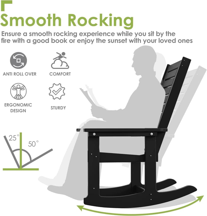 GREENVINES Outdoor Rocking Chairs | Set of 2 | Porch Rocker | HDPE Plastic | Black | Oversized Rockers | High Back | Big & Tall | Ladder Back | for Patio Outside Backyard Balcony