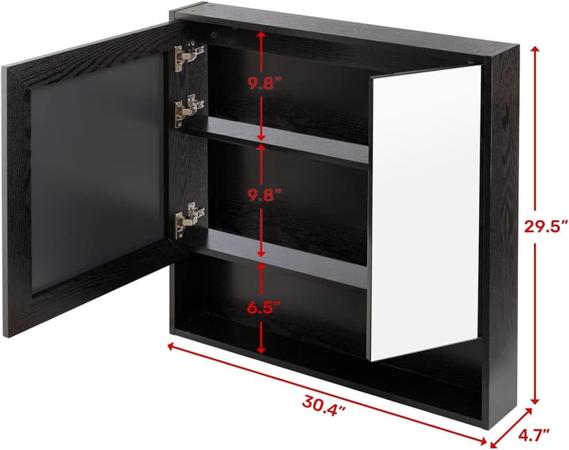 ALIMORDEN Medicine Cabinet with Mirror and Shelves, Oversized Bathroom Wall Storage Organizer Over The Vanity, Toilet, Recessed or Surface Mount, 30.4" L x 29.5" H, Black