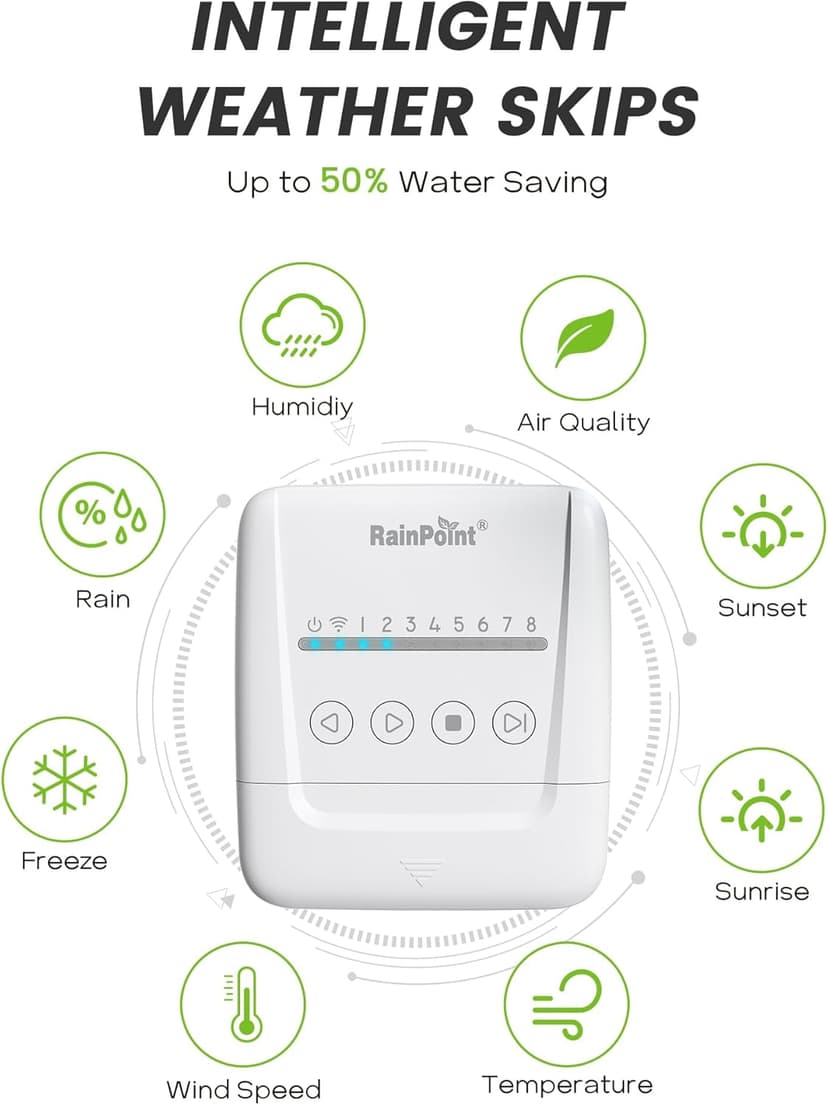 RAINPOINT 8 Zone Smart Sprinkler Controller - Local Weather Intelligence WiFi Sprinkler System Controller, Easy Install APP Control Irrigation System, Sprinkler Timer for Garden Yard