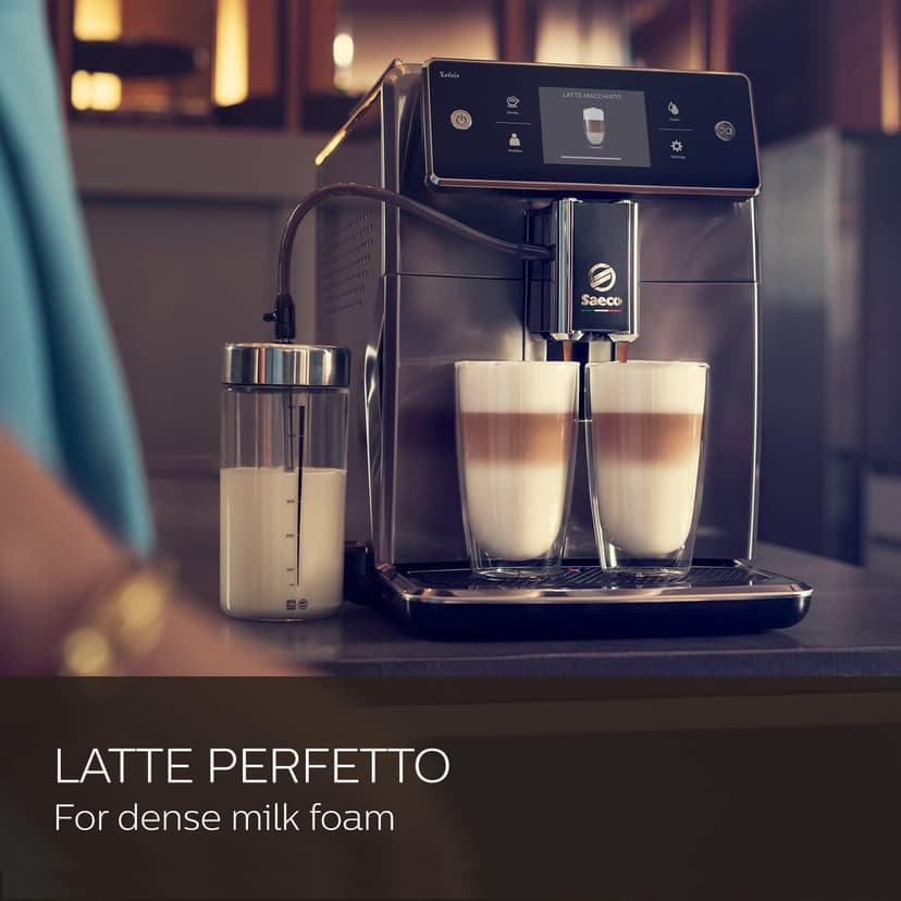 Philips Saeco Xelsis Super Automatic Espresso Machine - LatteDuo Milk System, 15 Coffee Varieties, 6 User Profiles, Touchscreen, Black & Titanium, (SM7684/04)