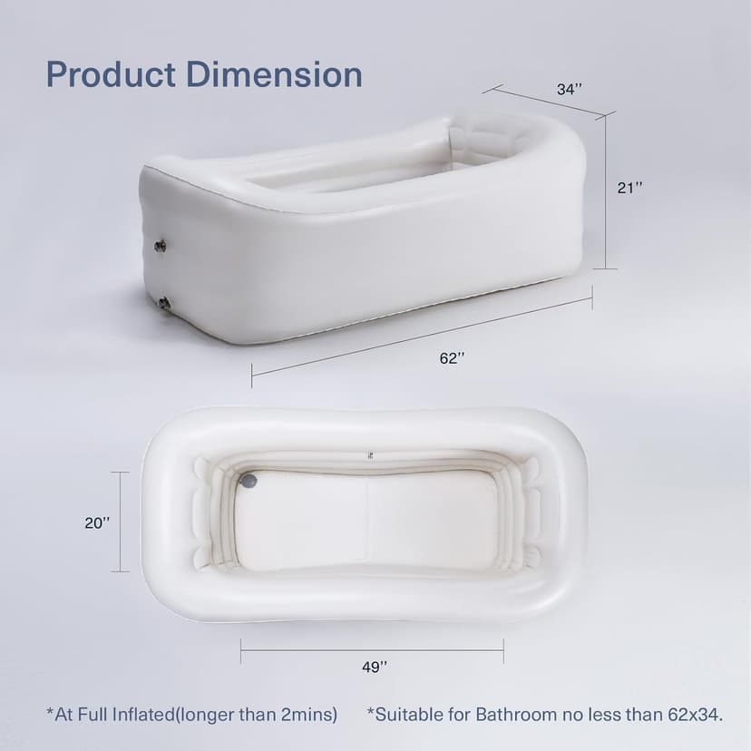 Mozoo Inflatable Bathtub 62''L X 34''W, Portable Bathtub For Adult, Unmatched Durability, Anti-Leak Drainage System, 2-Minute Setup, Space-Saving Foldable Design
