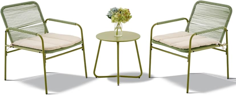 3-Piece Outdoor Wicker Patio Bistro Set, All-Weather Rattan Conversation Set with Round Side Table, Patio Furniture Set with Cushions for Deck, Balcony, Poolside, Porch and Yard, Green