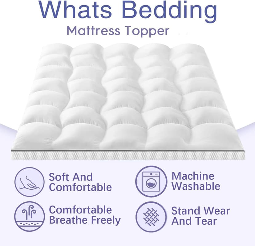 WhatsBedding Memory Foam Mattress Topper 2 Inch King, Pressure-Relieving Cooling Mattress Pad with Secure Strap Design for Back Pain, Soft and Supportive Bed Topper