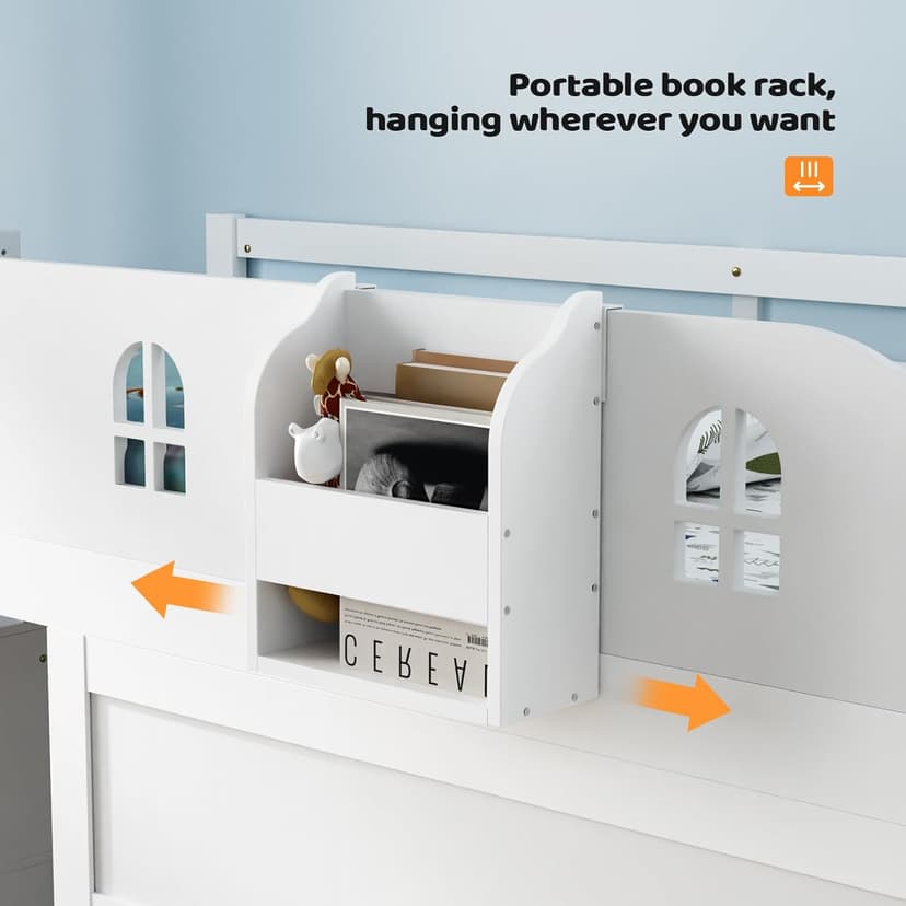 JOYMOR Low Loft Bed with Led Light, Loft Bed Twin Size with Castle Guardrail and Window, Staircase and Book Rack, Smart APP Control,No Box Spring Needed (White with Staircase)