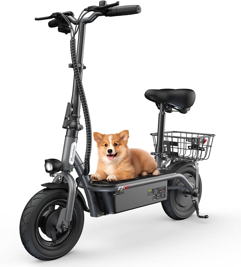 iScooter Electric Scooter with Seat, 37/21 Miles Long Range & 28/19/15.6 MPH Top Speed, 14"/12"/10" Pneumatic Tire, Height Adjustable Seat & Handlebar, Dual Suspensions Commuting Scooter with Basket