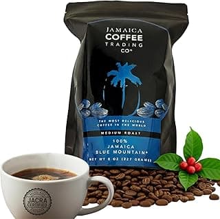 100% Jamaica Blue Mountain Coffee Beans No. 1, 227grams / 8oz - Medium Roast Whole Coffee Bean - 100% Pure Arabica, Small Batch Roasted - JACRA Certified, Low Acidity, Ethically Sourced