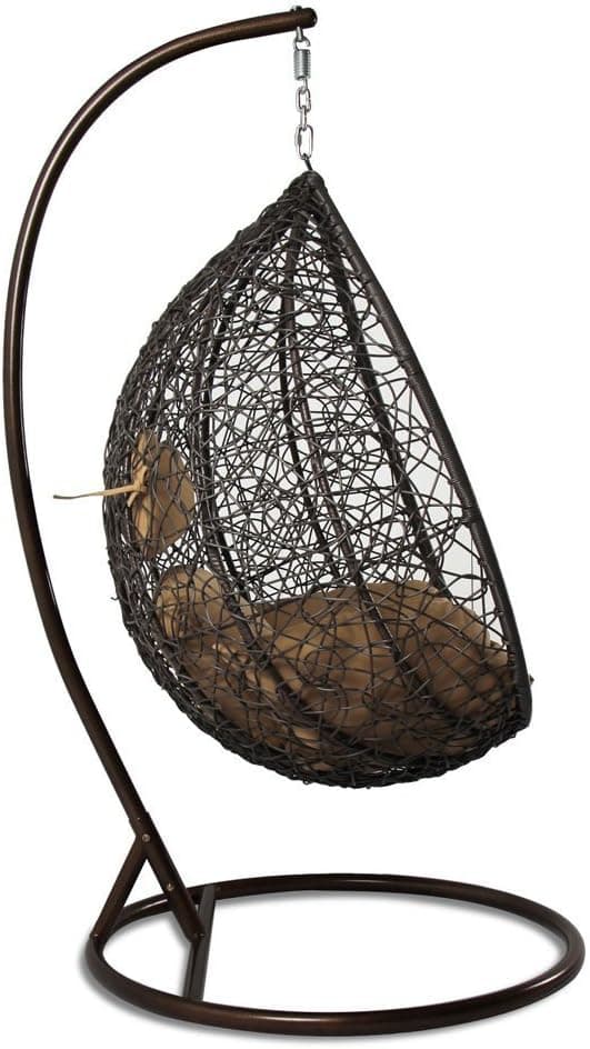 Island Gale Hanging Basket Chair Outdoor Front Porch Furniture with Stand and Cushion (Brown Wicker, Beige Cushion)