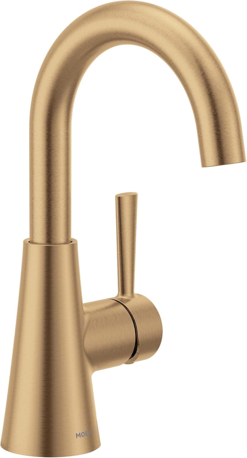 Moen Ronan Bronzed Gold One-Handle Single Hole Modern Bathroom Sink Faucet with Optional Deckplate and Spring Loaded Drain Assembly, 84021BZG