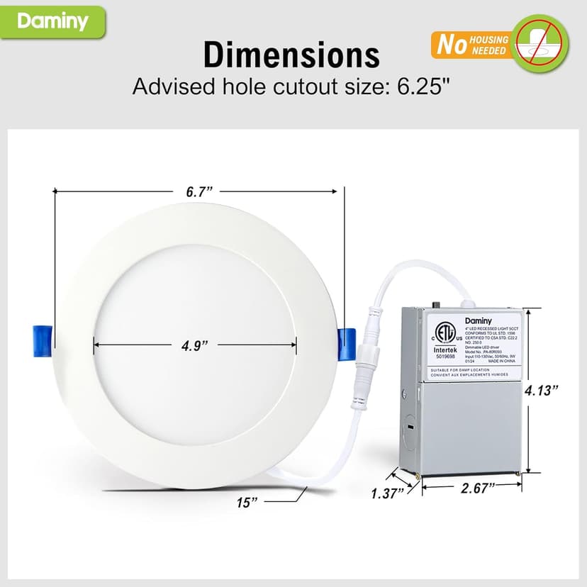 DAMINY 24 Pack 6 Inch LED Recessed Lighting with Junction Box,5CCT,Ultra-Thin Recessed Light,11W 1100lm, Dimmable Canless Wafer Ceiling Light, High Brightness - ETL