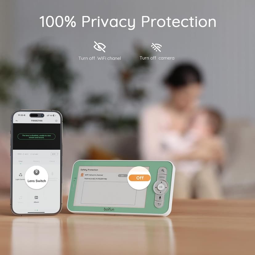 BOIFUN 2K WiFi Baby Monitor with Camera and Audio, Soothing Night Light, APP & 5" Split-Screen Control, Motion/Cries/Noise/Customizable Alarm Zones Detect, Auto Tracking, Humidity&Temperature Detect