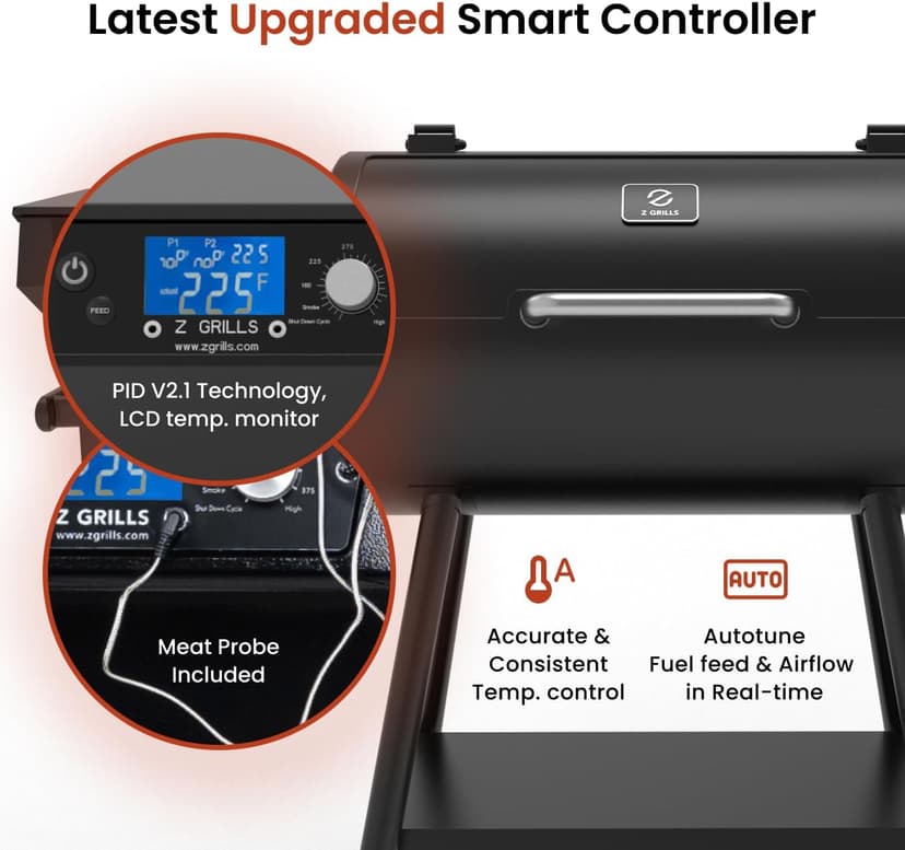 Z GRILLS ZPG 550B2 Wood Pellet Smoker, 8 in 1 BBQ Grill with Latest PID Technology LCD Controller, Auto Temperature Control, Meat Probe, 553 sq in Black