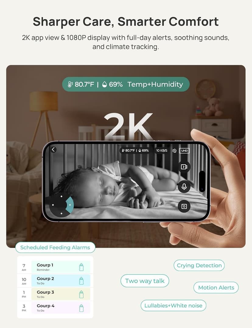 VistaView Smart WiFi Baby Monitor - 5” 1080P Split Screen & 2K Camera App Control, Cry & Motion Alerts, HD Night Vision, 5000mAh Battery, 2-Way Talk, Multi-User, Triple Security, 1279ft Range