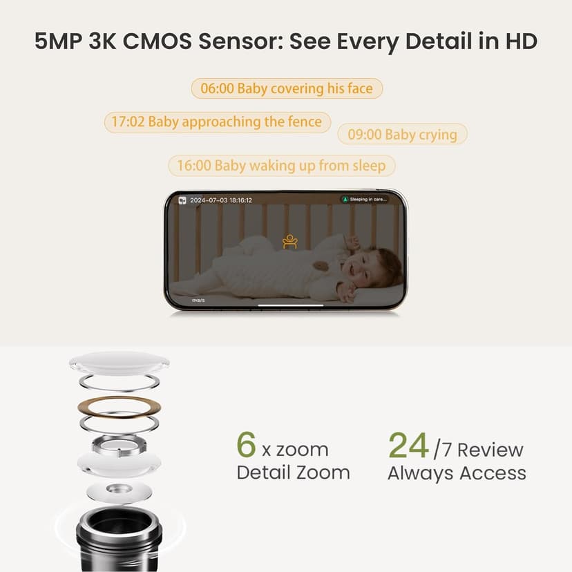 Smart Baby Camera Monitor 3K HD with No Subscription, Night Vision, 360° AI Detection, Two-Way Audio Monitor Includes Local Storage Card, Wireless WiFi Baby Monitor with Power-supportable Stand
