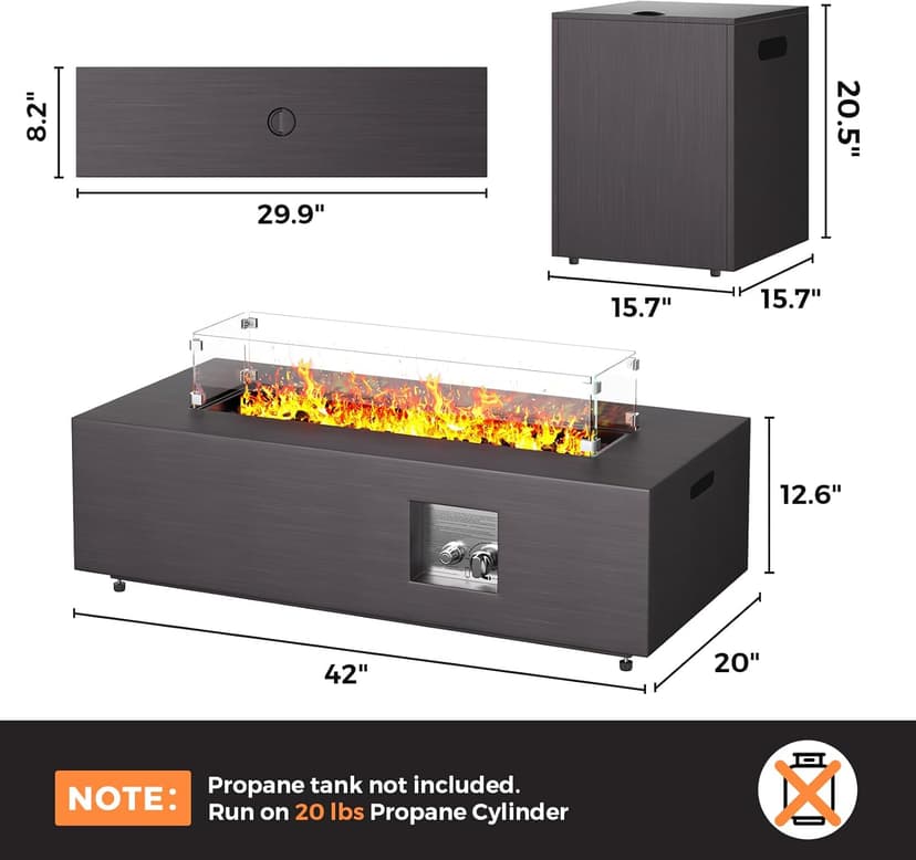 42” Rectangular Fire Pit Tables 2-Piece 50,000 BTU Outdoor Propane Gas Fire Pit with Wind Guard, Waterproof Cover, Lava Rocks for Outside Patio Backyard