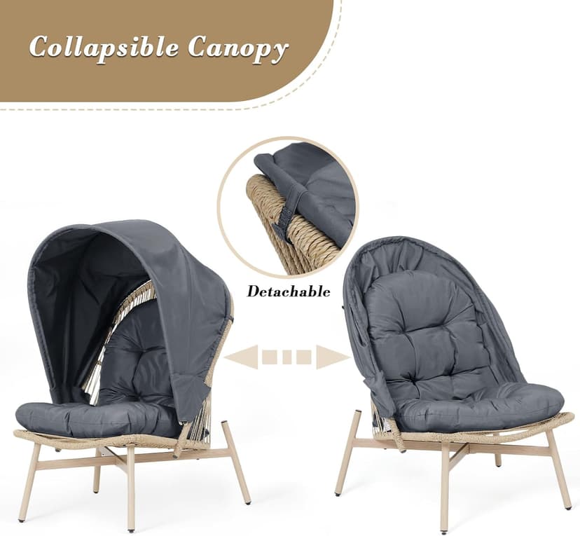 Athena Collection Rattan Egg Chair with Foldable Canopy, Patio Egg Chair Indoor Outdoor Lounge Egg Chair with Stand & Detachable Cushion for Garden, Porch, Backyard, Balcony, Gray