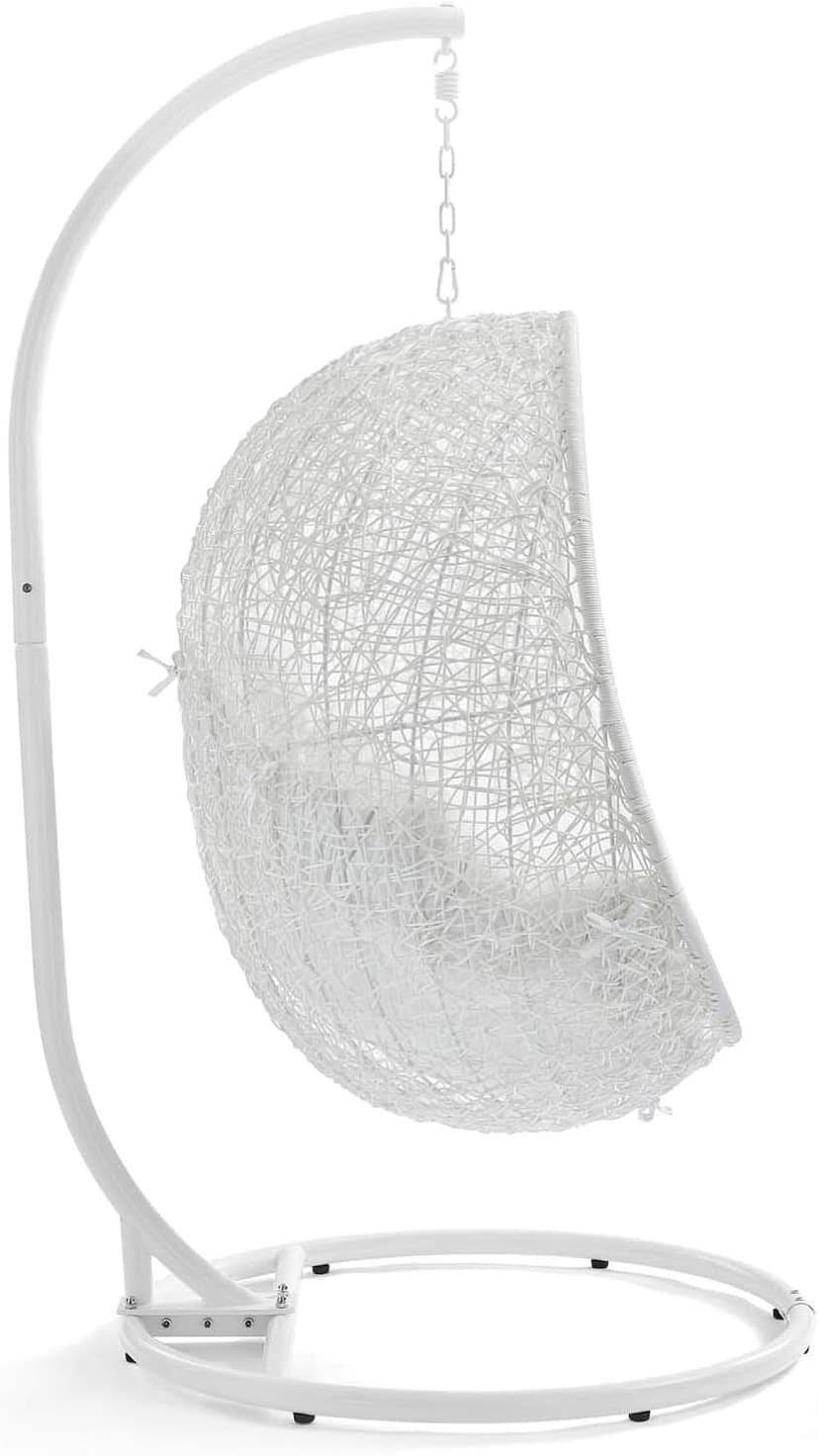Modway Hide Wicker Rattan Outdoor Patio Porch Lounge Egg Swing Chair Set with Stand in White