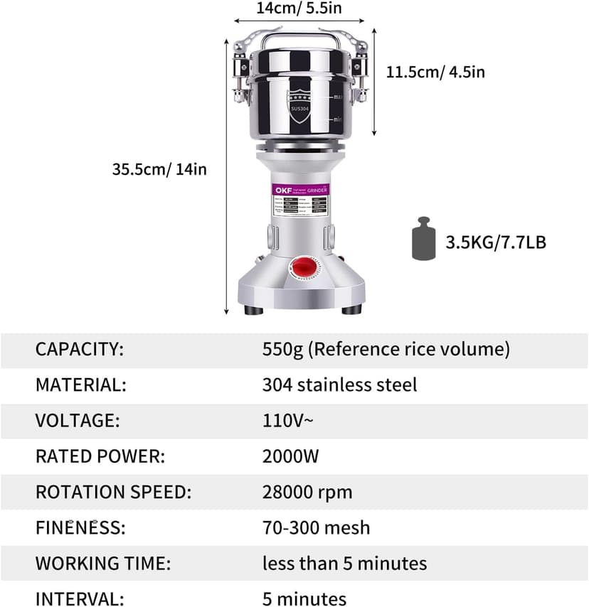550g Grain Mill, 304 Stainless Steel Spice Grinder, 2000W High-speed Commercial Flour Mill, Superfine Flour Mill Grinder for Home, Grain Mill for Flour