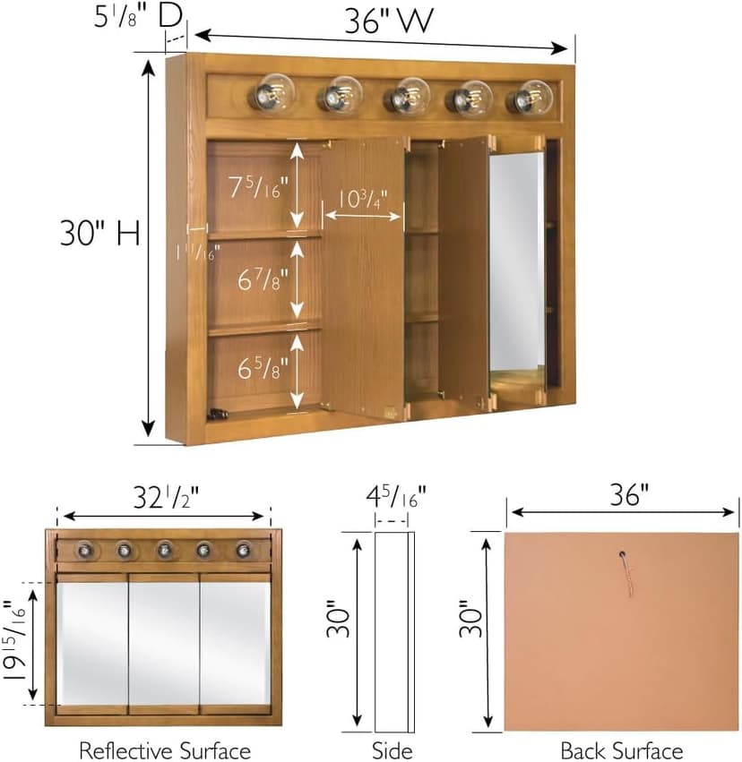 Design House 36 Inch Richland Bathroom Medicine Cabinet, Wall Mounted, Mirror, Oak, 530618-NOK