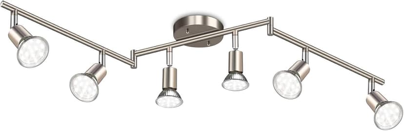 Ascher 6-Light LED Track Lighting Kit, Flexibly Rotatable Light Heads, 6 Way Ceiling Spotlight Matt Nickel Finish, Including 6 GU10 LED Bulbs (4W 400LM Daylight White 5000K)