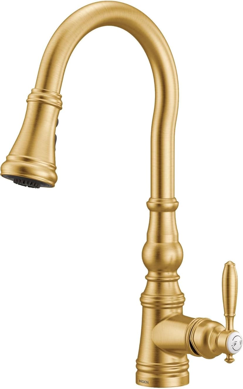 Moen Weymouth Brushed Gold Traditional Shepherd's Hook Pulldown Kitchen Faucet Featuring Pull Down Spray Head with Power Boost, S73004BG