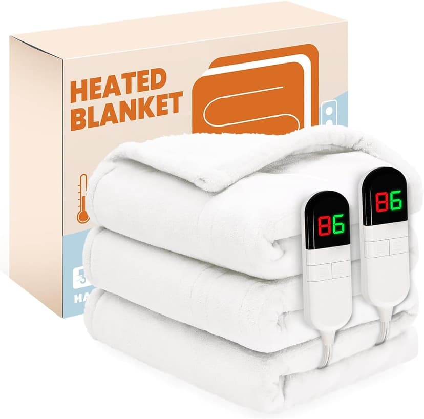 Electric Heated Blanket, Flannel & Sherpa Fast Heating Soft Fleece Heated King Blanket 90"x100" with 6 Heating Levels & 10H Auto Off - White