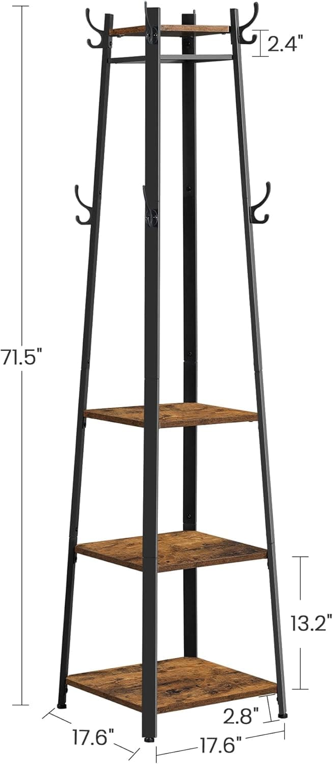 VASAGLE Coat Rack, Coat Stand with 3 Shelves, Hall Tree Free Standing with Hooks for Scarves, Bags, Umbrellas, Steel Frame, Industrial Style, for Entryway, Living Room, Rustic Brown and Black ULCR80X