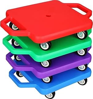 Jerify 4 Pieces Sports Scooter Board with Handles Plastic Casters Floor Sitting Scooter Boards for Kids Children Gym Indoor Outdoor Activities Play Equipment, 11.22 x 11.22 inch