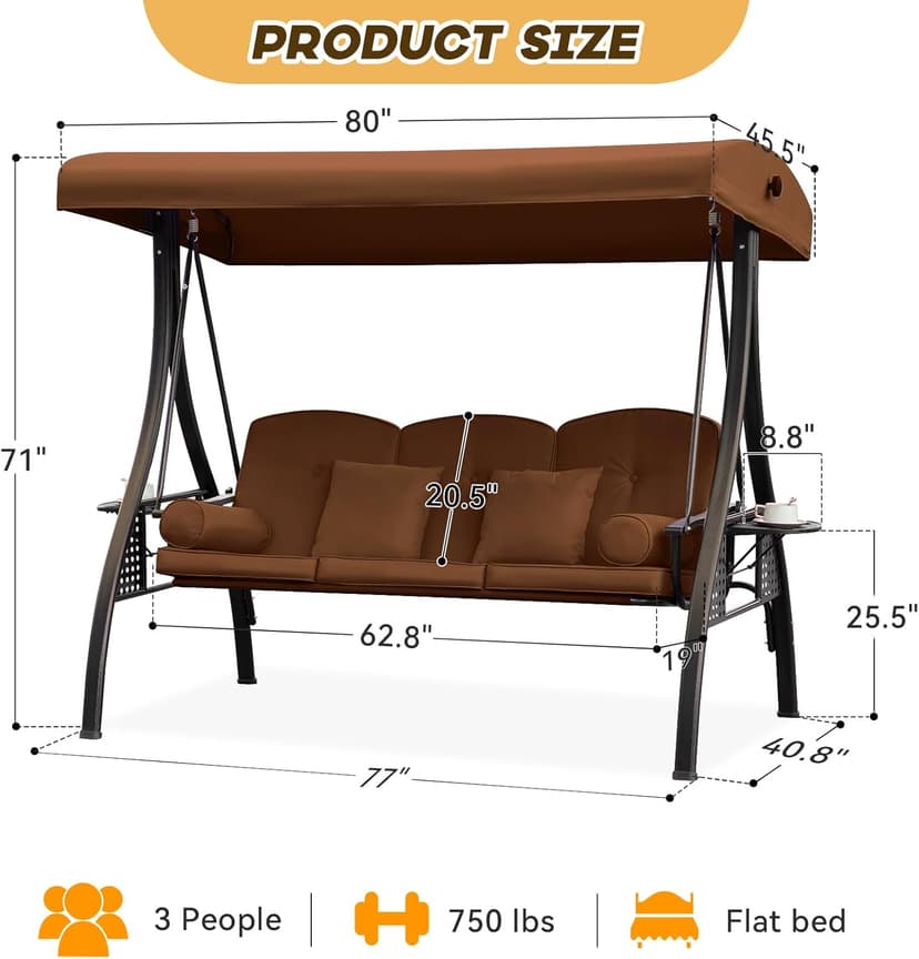 3 in 1 Outdoor Porch Swing with Adjustable Canopy, 3 Seat Outdoor Swing for Adults, Patio Swing Chair with Thickened Cushions,Pillows & Cup Holders for Backyard, Porch, Garden (Brown)