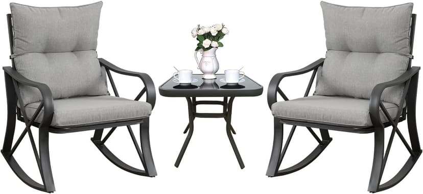 COSIEST 3 Piece Bistro Set Patio Rocking Chairs Outdoor Furniture w Warm Gray Cushions, Glass-Top Table for Garden, Pool, Backyard